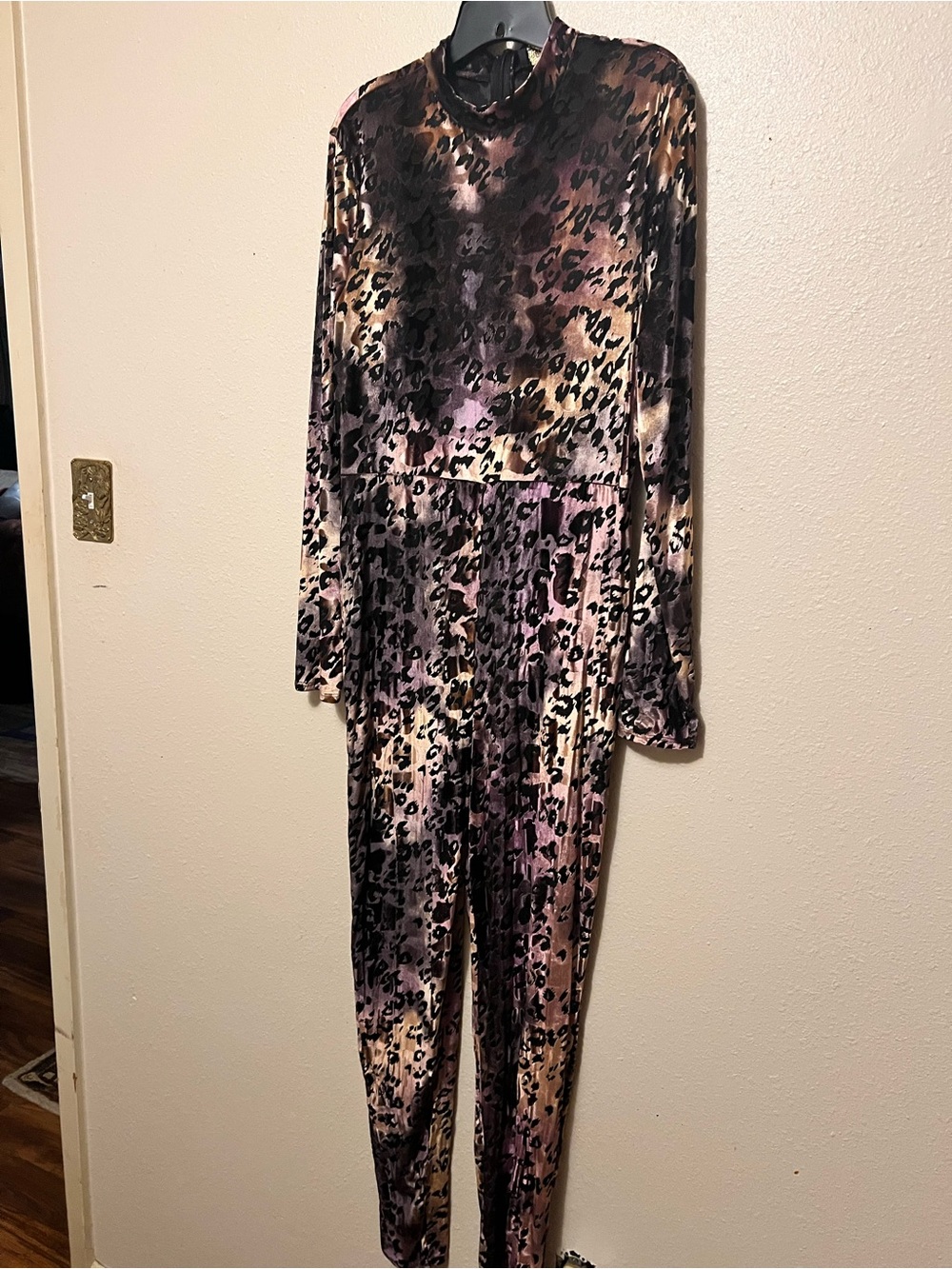 Leopard print purple and black velour jumpsuit